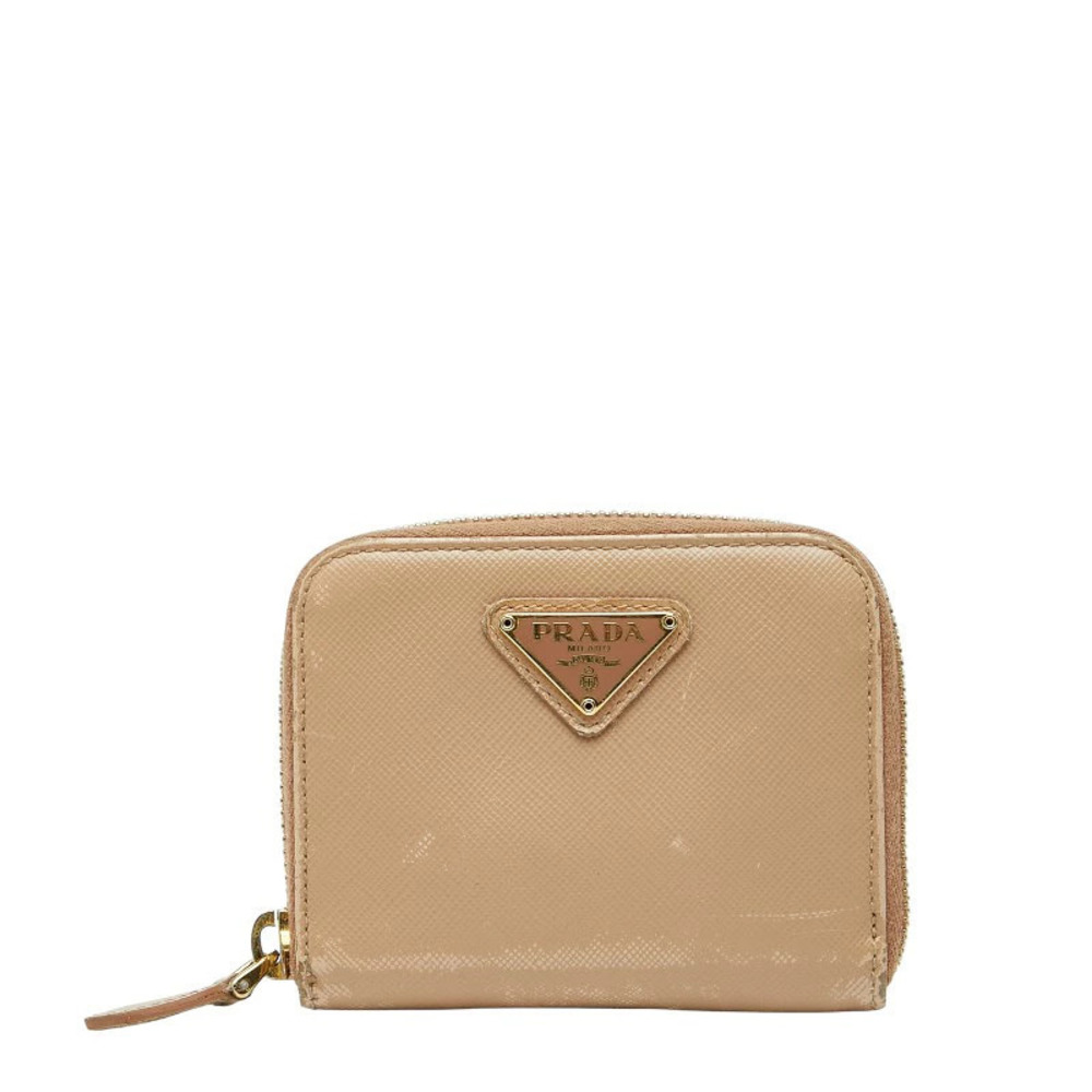 Prada Triangle Plate coin case Wallet Card Beige Cream Saffiano Leather
